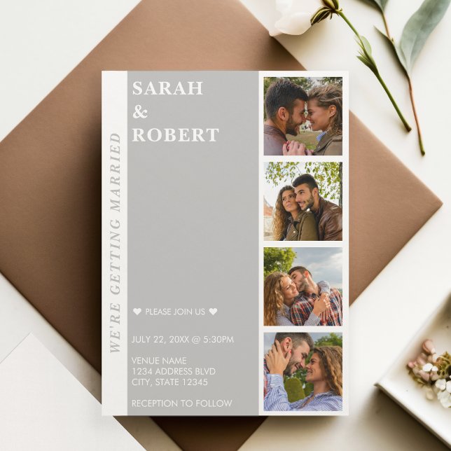 Invitation Mariage de collection de livres photo gris et blan (Grey & White Photo Booth Collage Wedding Invitation)