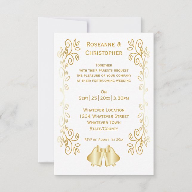 Invitation Mariage de conception de cloches de couleur or (Devant)