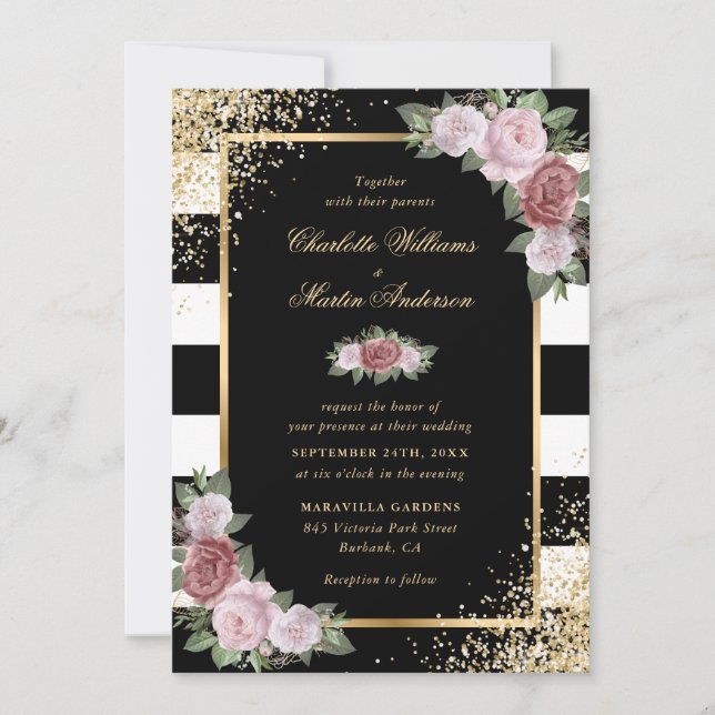 Invitation Mariage de Confetti en or noir rose (Devant)