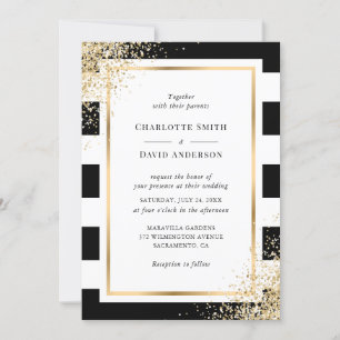 Invitation Mariage de Confetti en or rayé noir et blanc