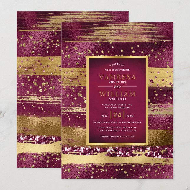 Invitation Mariage de confettis et d'or et de bordeaux (Devant / Derrière)
