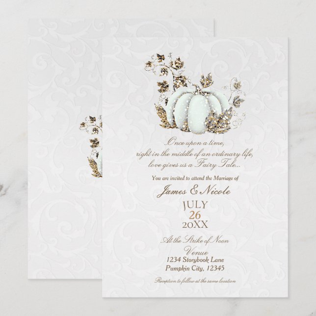 Invitation Mariage de Conte de Fée Citrouille Blanche Or de L (Devant / Derrière)