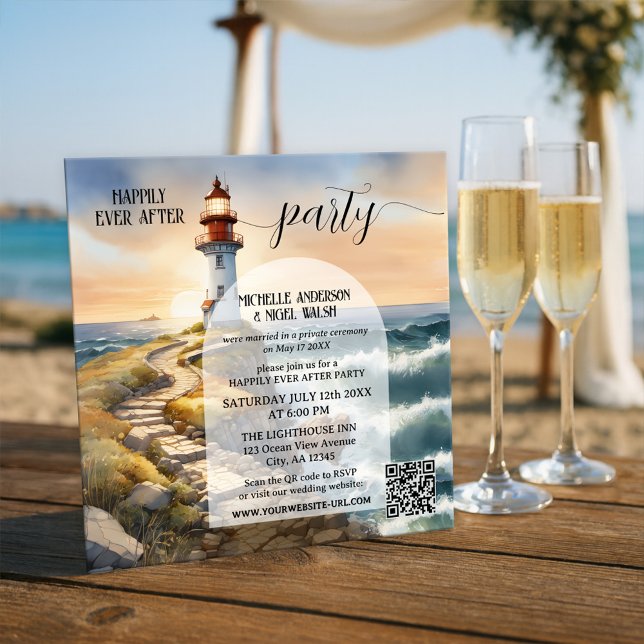 Invitation Mariage de conte de fées au phare côtier (Watercolor happily ever after wedding invitation featuring a lighthouse at sunset - with QR code)