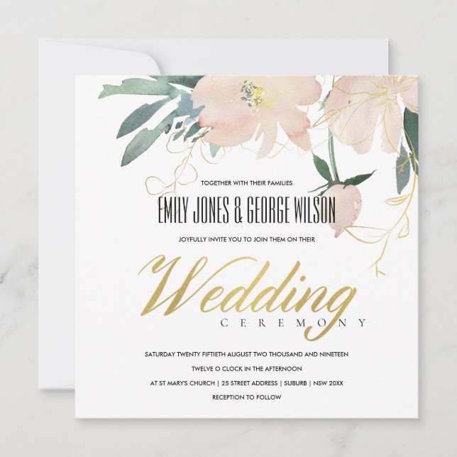 INVITATION MARIAGE DE COULEUR D'EAU DOUX BLUSH GOLD FLORAL BU (Devant)