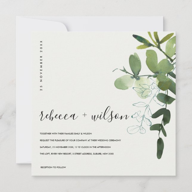 INVITATION MARIAGE DE COULEUR D'EAU EN VERT BLANC EUCALYPTUS  (Devant)