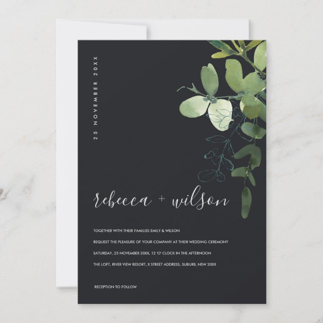 INVITATION MARIAGE DE COULEUR D'EAU EN VERT NOIR EUCALYPTUS F (Devant)