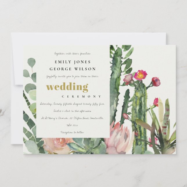 Invitation Mariage DE COULEUR D'EAU FLORALE ROSE CACTI FOLIAG (Devant)