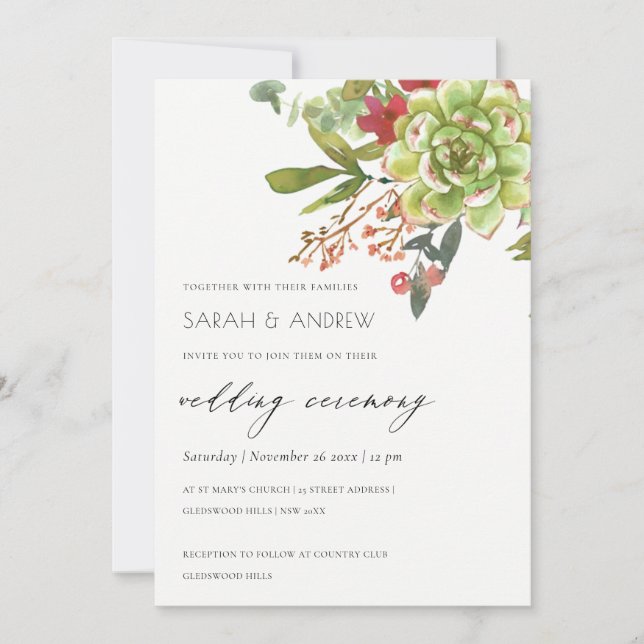 INVITATION MARIAGE DE COULEUR D'EAU FLORALE SUCCULTE CACTUS O (Devant)