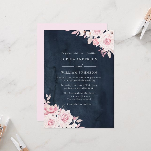 Invitation Mariage de couleur d'eau rose et marine (Devant/Arrière en situation)