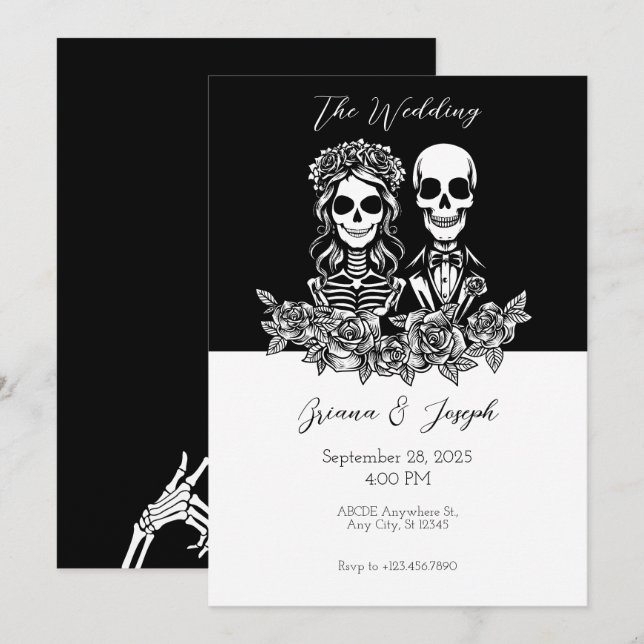 Invitation Mariage de couple de crâne noir et blanc (Devant / Derrière)