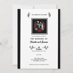 Invitation Mariage de couple squelette avec roses rouges et b
