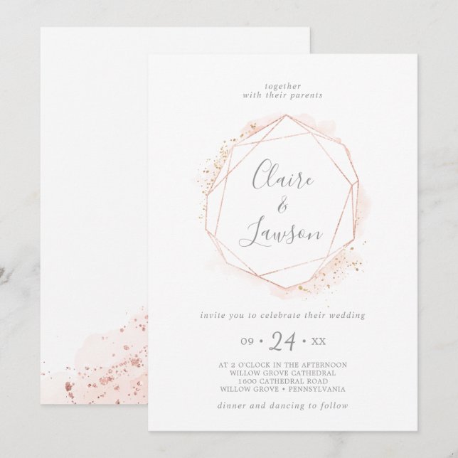 Invitation Mariage de courme géométrique rose or (Devant / Derrière)