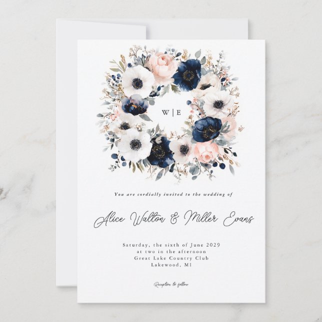 Invitation Mariage de couronne d'anémone bleu, rose et blanc (Devant)