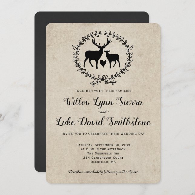 Invitation Mariage de couronne de coeur de cerf rustique (Devant / Derrière)