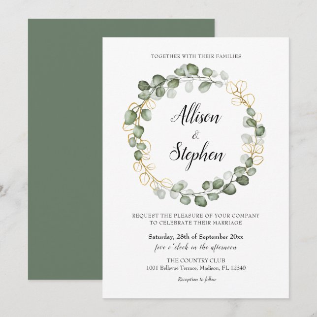 Invitation Mariage de couronne de feuillage Eucalyptus (Devant / Derrière)