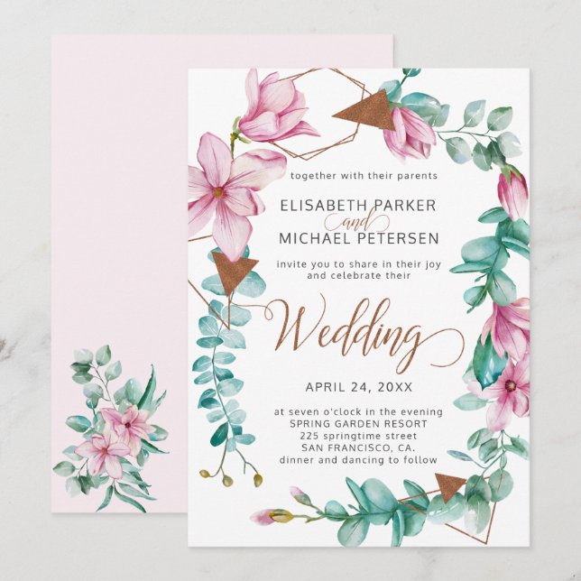 Invitation Mariage de couronne de magnolia de menthe rose pri (Devant / Derrière)