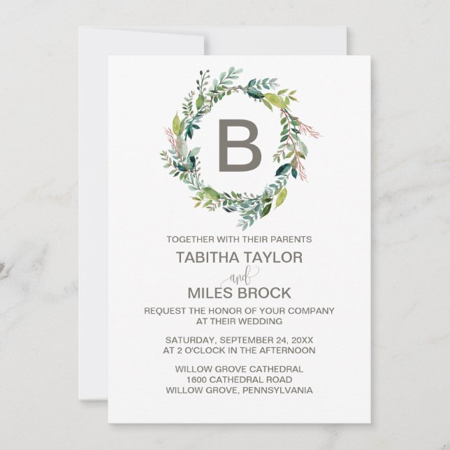 Invitation Mariage de couronne de monogramme de feuillage (Devant)