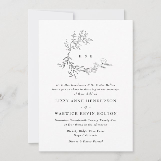 Invitation Mariage de couronne de monogramme floral botanique (Devant)