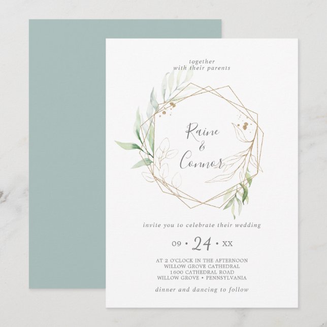 Invitation Mariage de couronne de verdure et de feuille d'or (Devant / Derrière)