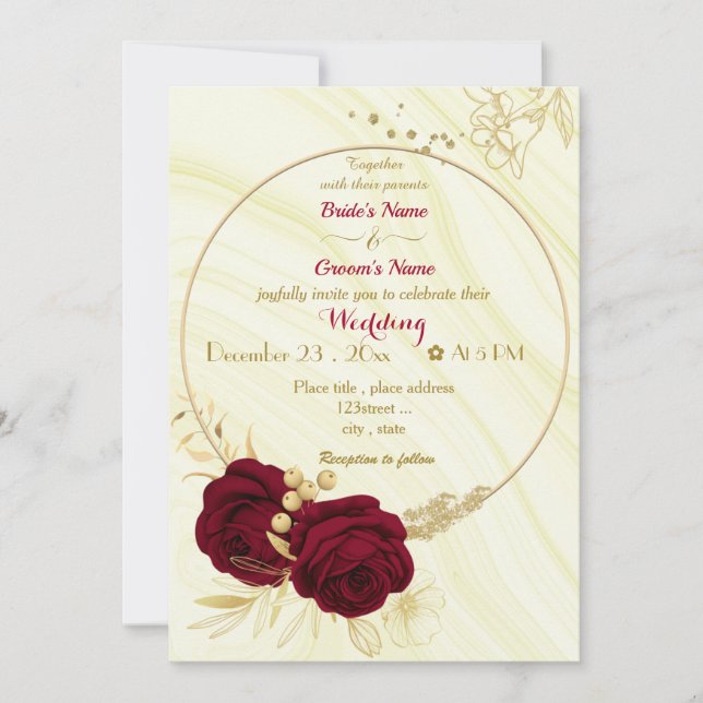 Invitation mariage de couronne d'or de fleurs bordeaux (Devant)