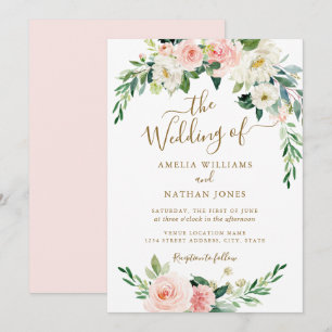 Invitation Mariage de couronne d'or Floral Blush