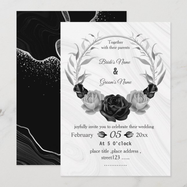 Invitation mariage de couronne gris argenté et noire (Devant / Derrière)