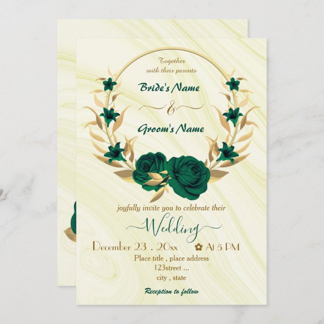 Invitation mariage de couronne or fleurs vert émeraude (Devant / Derrière)