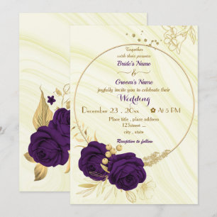 Invitation mariage de couronne or fleurs violettes royales