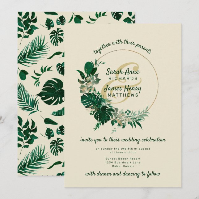 Invitation Mariage de couronnes circulaires vert moderne à fe (Devant / Derrière)