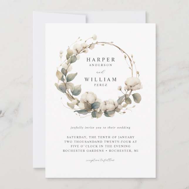 Invitation Mariage de couronnes de coton et d'eucalyptus de B (Devant)