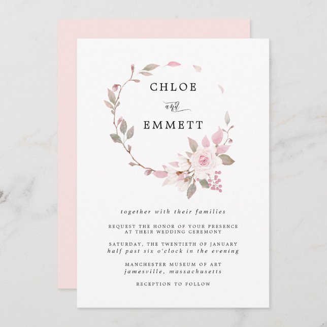 Invitation Mariage de couronnes de rose boho moderne (Devant / Derrière)