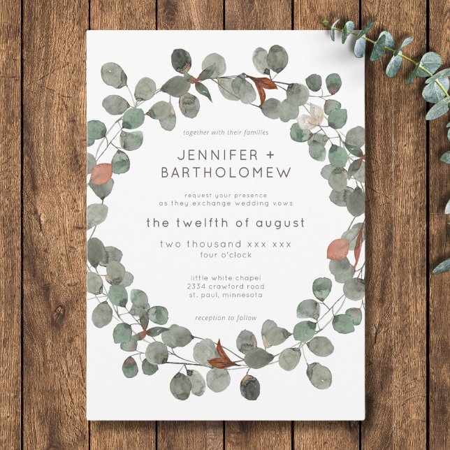 Invitation Mariage de couronnes de rouille moderne vert Eucal (Modern Rust Green Eucalyptus Wreath Wedding Invitation)