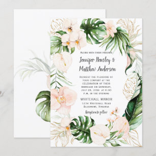 Invitation Mariage de couronnes de verdure tropicale rose vif