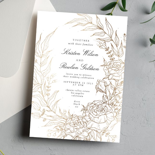 Invitation Mariage de couronnes florales blanc et or haut de  (Créateur téléchargé)