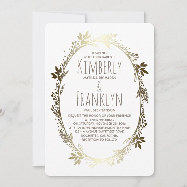 Invitation Mariage de couronnes florales blanches et dorées (Devant)