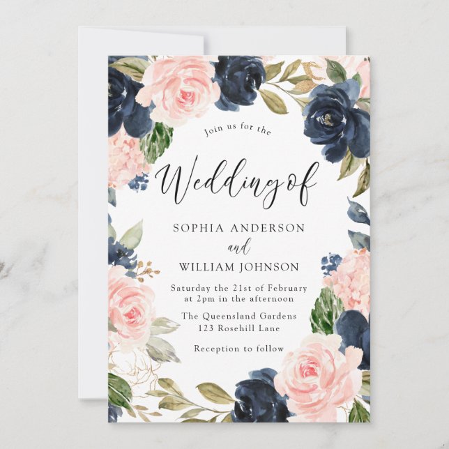 Invitation Mariage de couronnes florales de couleur marine et (Devant)