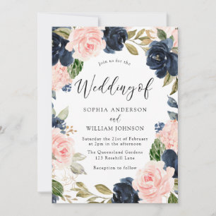 Invitation Mariage de couronnes florales de couleur marine et