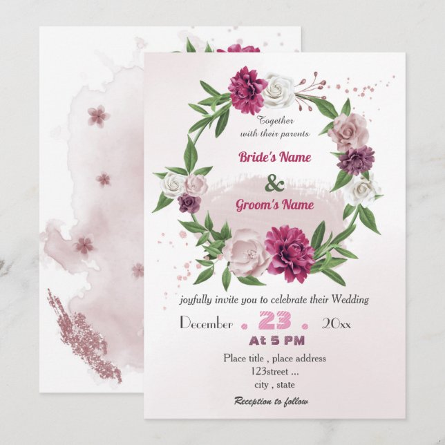 Invitation mariage de couronnes florales romantique mauve ros (Devant / Derrière)