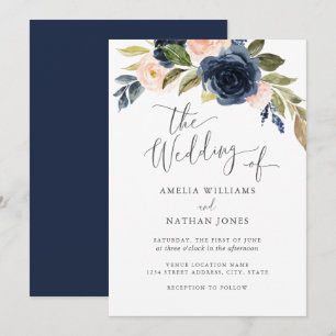 Invitation Mariage de couronnes fluides couleur marine