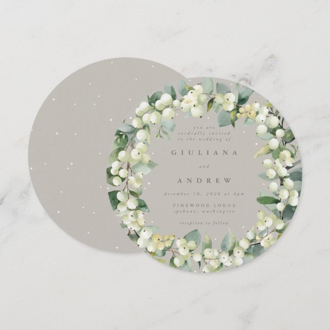 Invitation Mariage de courroie ronde Greige Snowberry+Eucalyp (Devant / Derrière)