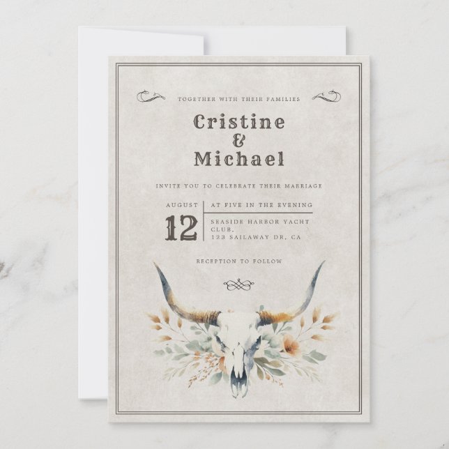 Invitation Mariage de crâne à long vertige rustique (Devant)