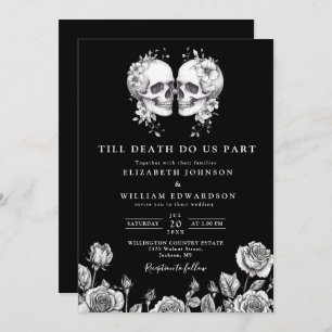 Invitation Mariage de crânes floraux gothiques noirs et blanc