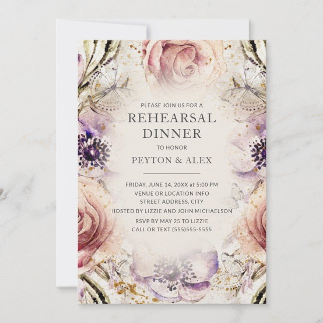 Invitation Mariage de crème à papillons floraux violets (Devant)