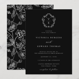 Invitation Mariage de crête de monogramme noir et blanc