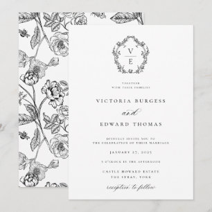 Invitation Mariage de crête de monogramme noir et blanc
