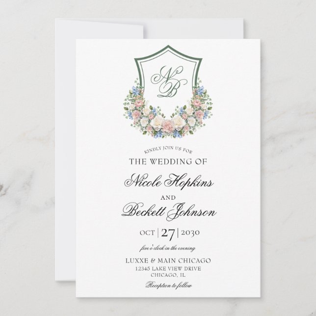 Invitation Mariage de crête florale bleu poussiéreux (Devant)