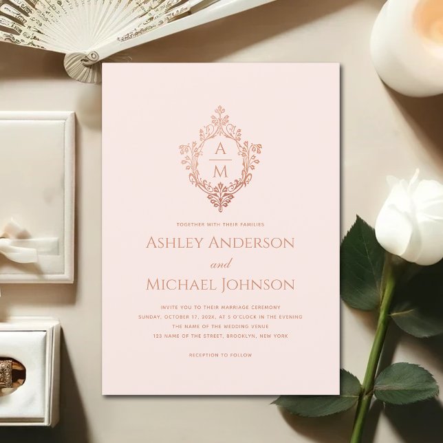 Invitation Mariage de crête rose Monogramme Rose Vintage Or (Créateur téléchargé)
