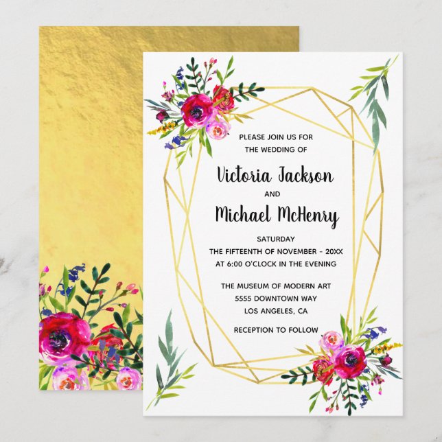 Invitation Mariage de cristal géométrique Floral Gold (Devant / Derrière)
