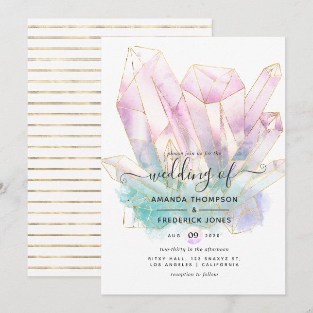 Invitation Mariage de cristaux d'aquarelle géométrique (Devant / Derrière)