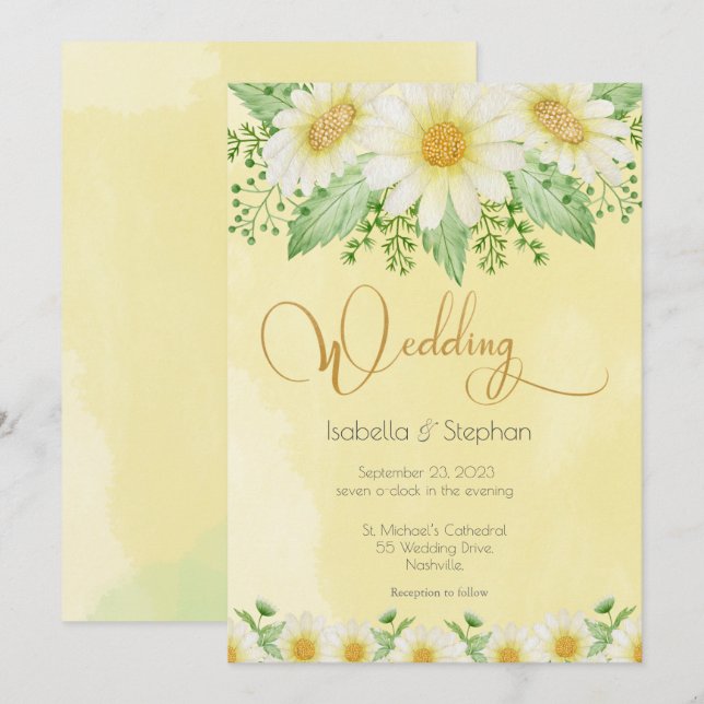 Invitation Mariage de  de marguerite jaune blanc (Devant / Derrière)